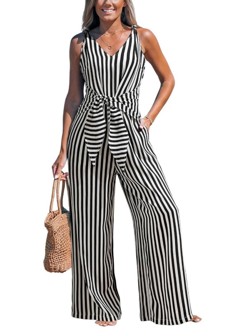 Summer Sleeveless Jumpsuit with Tie Knot - Chic Romper for Women